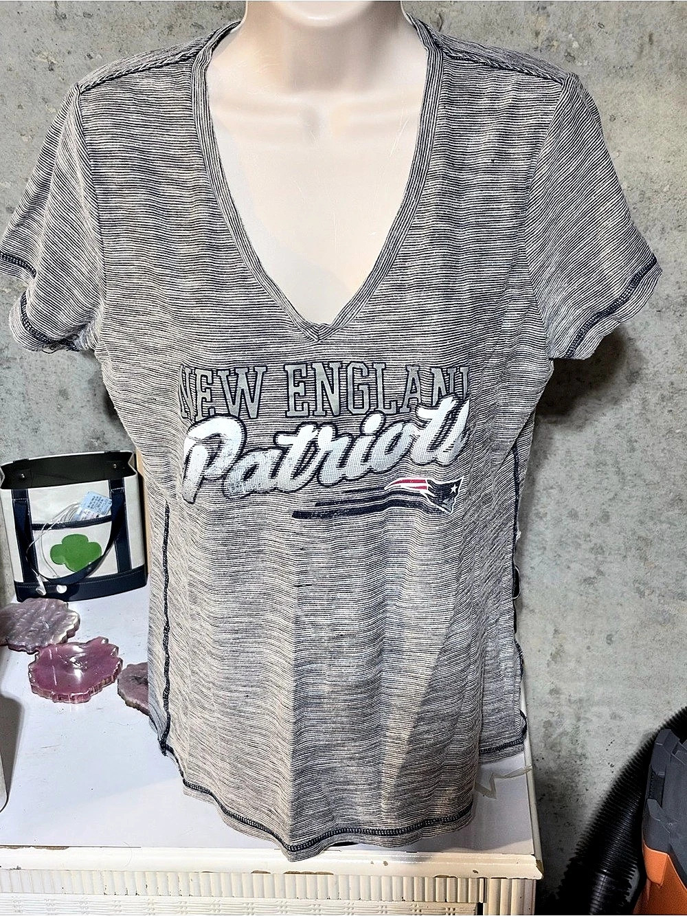 NFL Team Apparel New England Patriots Striped V-Neck Patriots Tee